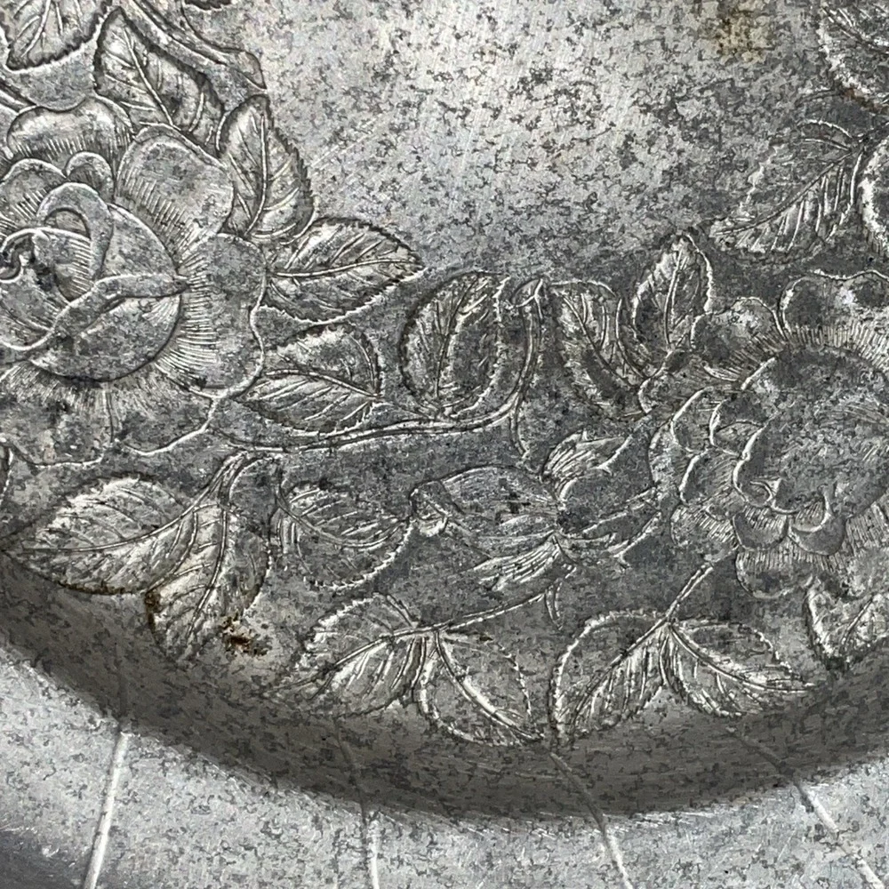 vintage hand-wrought hammered aluminum serving tray or‎ bowl Roses Leaves Detail